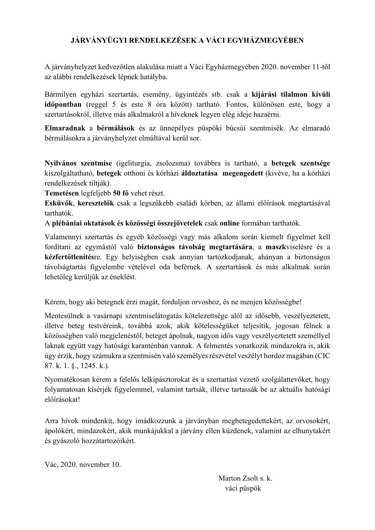 Járványügyi rendelkezések a Váci Egyházmegyében 20201110 1