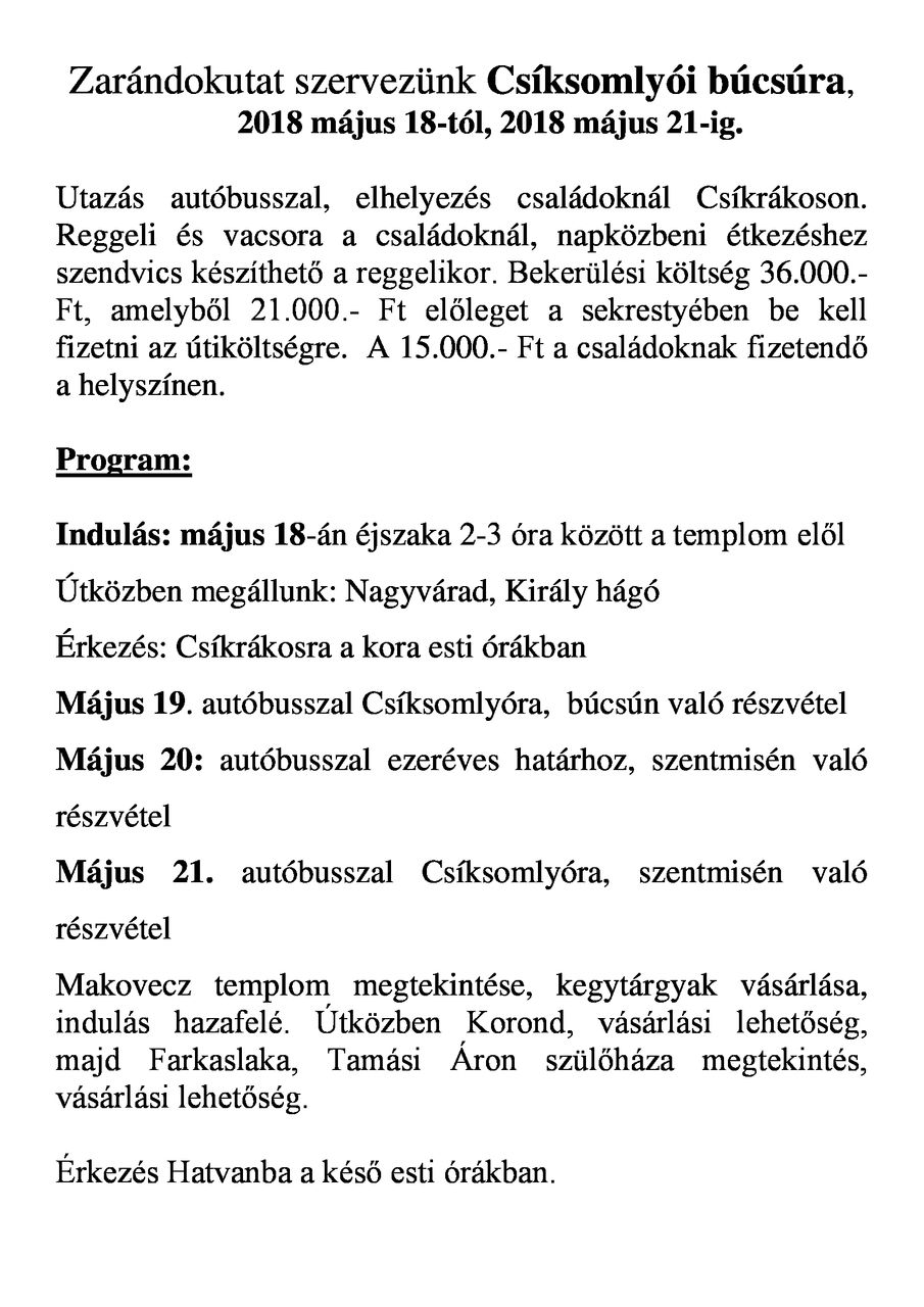 2018 Zarándokutat szervezünk Csíksomlyói búcsúra