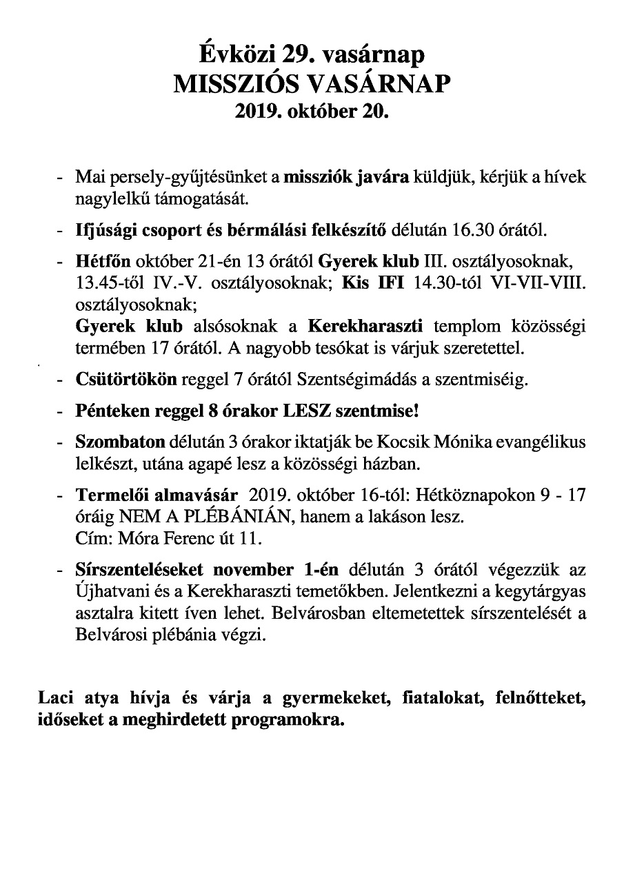 2019.10.20. Hírlevél