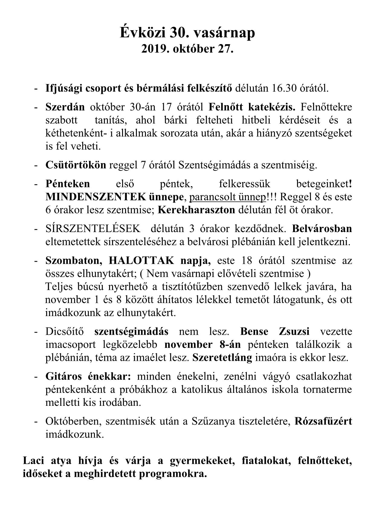 2019.10.27. Hírlevél